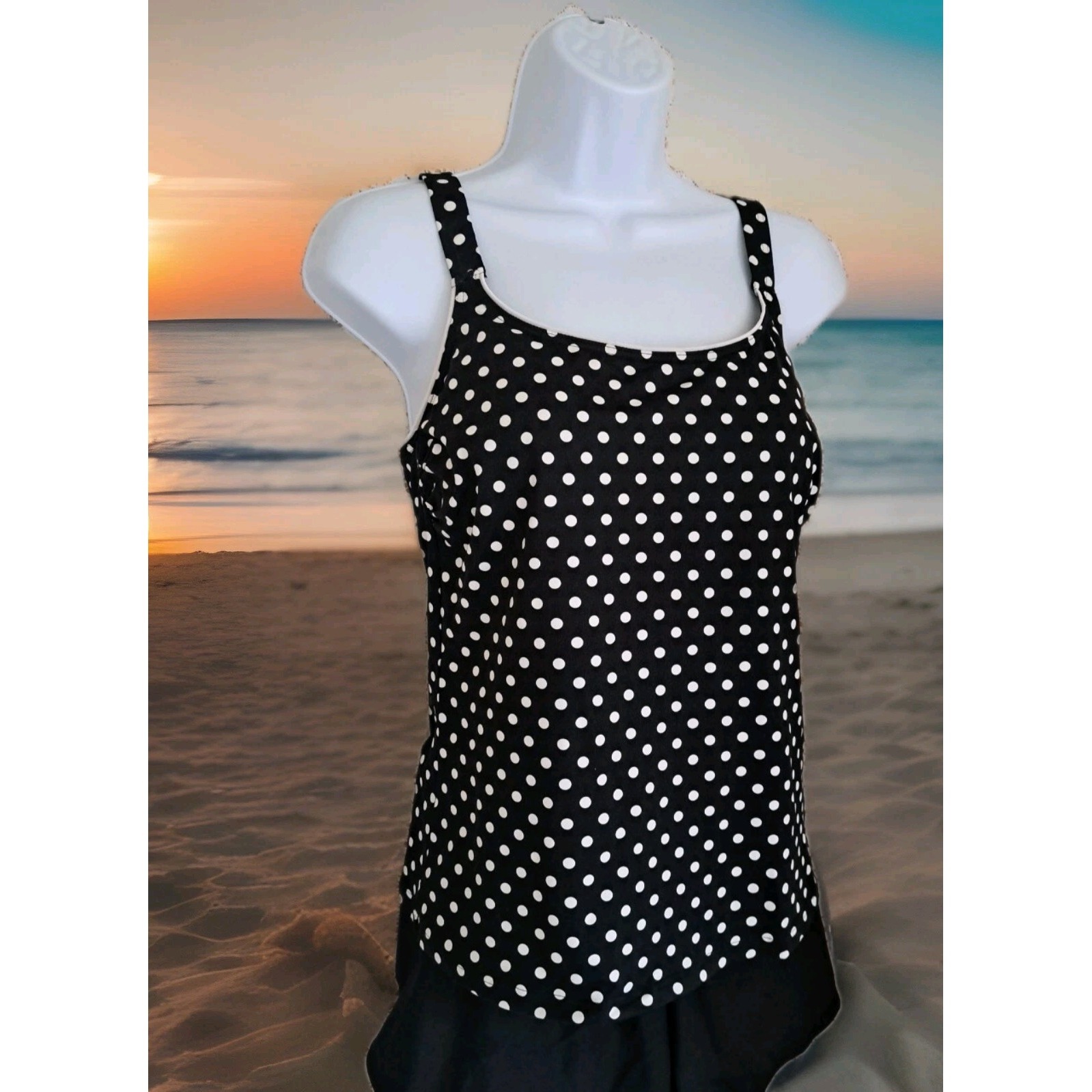 Lands End Tankini Swim Top 6 Black White Polka Dot Molded Cups Adjustable Straps